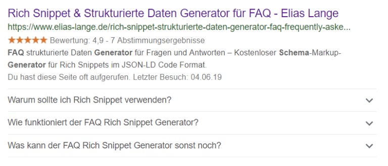 Questions Answers Rich Snippet created with the FAQ Schema Generator